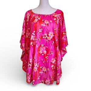Vintage 60s 70s Retro Pink Floral Hawaiian Swim Cover Up Top Flowy